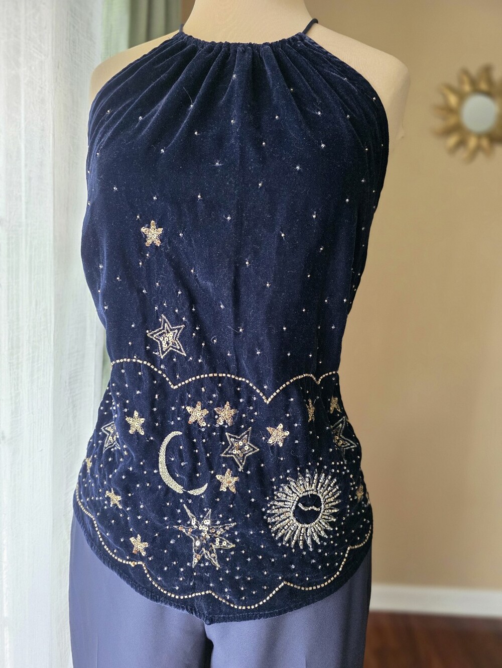 Free People Midnight Magic Beaded Moon Star Velvet Celestial Halter Tank Top L
